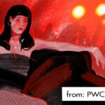 Illustration of a black-haired female resting on a couch with her shoes. from: PWCD -