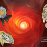 Black hole with clocks in red. Inspired by "Wormhole" by Mark Garlick. Purchase on https://fineartamerica.com/featured/6-wormhole-mark-garlickscience-photo-library.html. from: PWCD -